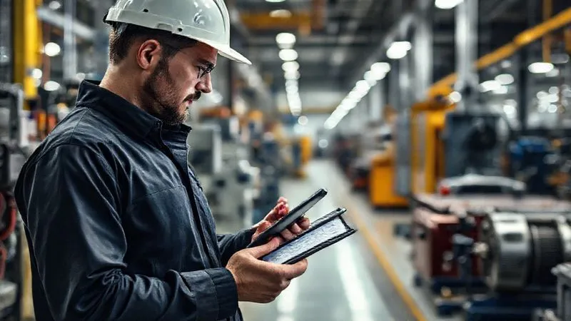 A photorealistic, professional photography, 8K, cinematic lighting, sharp focus, depth of field, shot on a high-end DSLR, of an industrial engineer meticulously documenting equipment in a spotless, high-tech manufacturing plant, holding a tablet with a digital inventory list. The scene conveys precision and thoroughness.