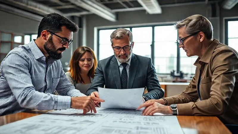 A photorealistic, professional photography, 8K, cinematic lighting, sharp focus, depth of field, shot on a high-end DSLR, of a diverse team of professionals (engineer, finance manager, risk specialist) gathered around a large table, intently reviewing policy documents and schematics. They are pointing to sections, engaged in serious discussion, symbolizing collaborative risk assessment.