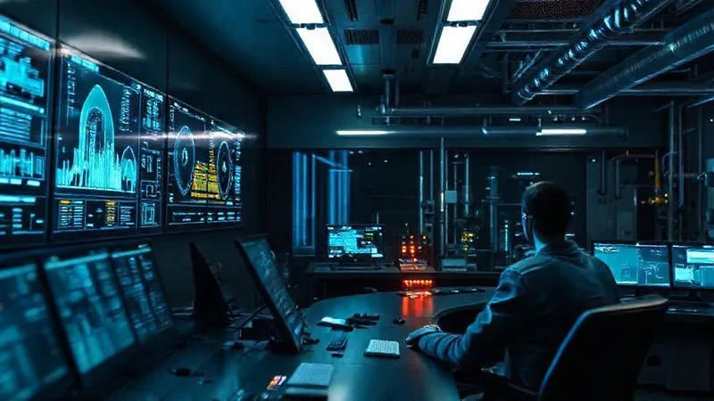 A photorealistic, professional photography, 8K, cinematic lighting, sharp focus, depth of field, shot on a high-end DSLR, of a futuristic control room with holographic displays showing real-time data from industrial machinery. The scene depicts advanced technology monitoring and protecting critical infrastructure, symbolizing proactive risk management and future-proofing.