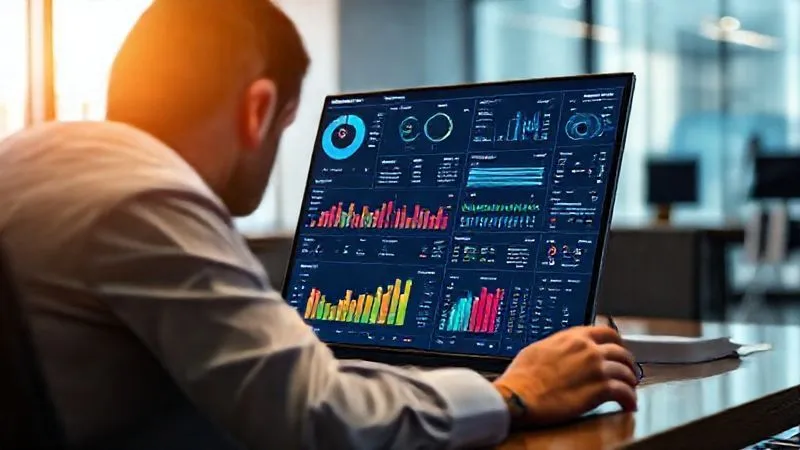 Photorealistic image of a claims adjuster looking at a tablet displaying a complex data dashboard with color-coded risk indicators and predictive analytics, in a modern, well-lit office. Cinematic lighting, sharp focus on the tablet, depth of field blurring the background, 8K hyper-detailed.