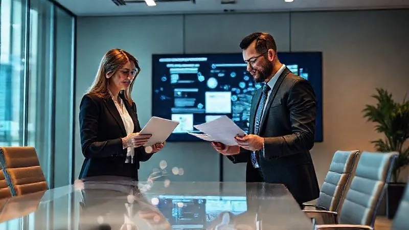 Photorealistic image of two legal professionals and a claims specialist collaboratively reviewing documents on a large digital screen in a modern meeting room, with subtle light trails connecting their devices, symbolizing streamlined communication. Professional photography, 8K, cinematic lighting, sharp focus, depth of field.