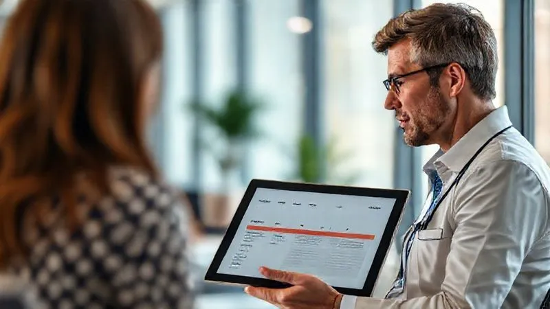 Photorealistic image of a compassionate claims specialist speaking with a claimant (blurred out of focus for privacy) in a bright, modern office setting, emphasizing empathy and clear communication. The specialist is making eye contact, with a tablet displaying a simple, easy-to-understand claims timeline. Professional photography, 8K, cinematic lighting, sharp focus on the specialist, depth of field blurring the background.