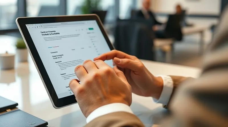 A photorealistic image of a business traveler's hands using a tablet or laptop, with various digital documents and an insurance claim portal open on the screen. The background is a clean, modern workspace, suggesting efficiency and organization. Cinematic lighting, sharp focus on the hands and screen, depth of field, 8K hyper-detailed, professional photography, shot on a high-end DSLR.