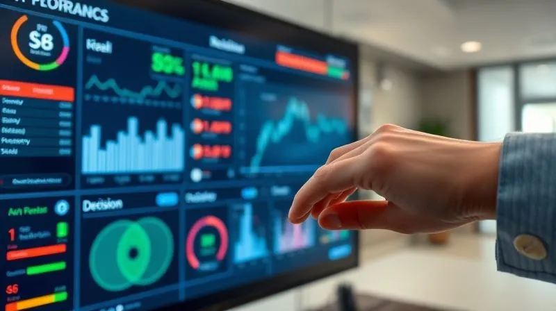 photorealistic, professional photography, 8K, cinematic lighting, sharp focus, depth of field, shot on a high-end DSLR. A sophisticated digital dashboard displaying real-time financial metrics, including cash flow, burn rate, and projected solvency timelines. The screen glows with a mix of green and amber warnings, reflecting financial vigilance. In the foreground, a director's hand hovers over a 'Decision' button, emphasizing proactive governance. The background is a blurred modern office setting.