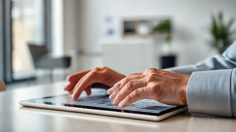 photorealistic, professional photography, 8K, cinematic lighting, sharp focus, depth of field, shot on a high-end DSLR. A diversified investment portfolio represented by a visually appealing chart or graph on a sleek tablet, with various asset classes like stocks, bonds, and real estate clearly delineated. In the foreground, a professional's hands are gently resting on the tablet, symbolizing thoughtful financial planning and control. The background is a modern, minimalist office space, suggesting strategic decision-making and long-term vision.