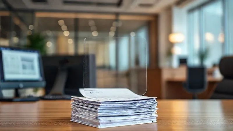 photorealistic, professional photography, 8K, cinematic lighting, sharp focus, depth of field, shot on a high-end DSLR. A modern, professional office interior, subtly showing signs of operational continuity (e.g., a computer screen with a spreadsheet, a phone ringing off-hook, a well-maintained reception area). In the foreground, a stack of bills or invoices is neatly organized, with a protective, transparent shield or barrier metaphorically placed over them, symbolizing Business Overhead Expense (BOE) insurance protecting a business's operational costs during an owner's disability.