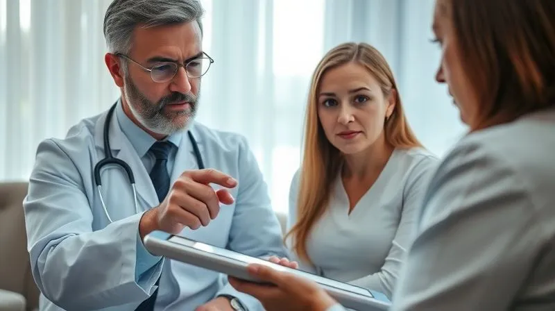 photorealistic, professional photography, 8K, cinematic lighting, sharp focus, depth of field, shot on a high-end DSLR, a close-up of a doctor and patient discussing medical records on a tablet, with the patient looking attentive and slightly concerned. The doctor points to a specific section on the screen, emphasizing clarity and detail. Soft, natural light fills the consultation room, conveying trust and professionalism.