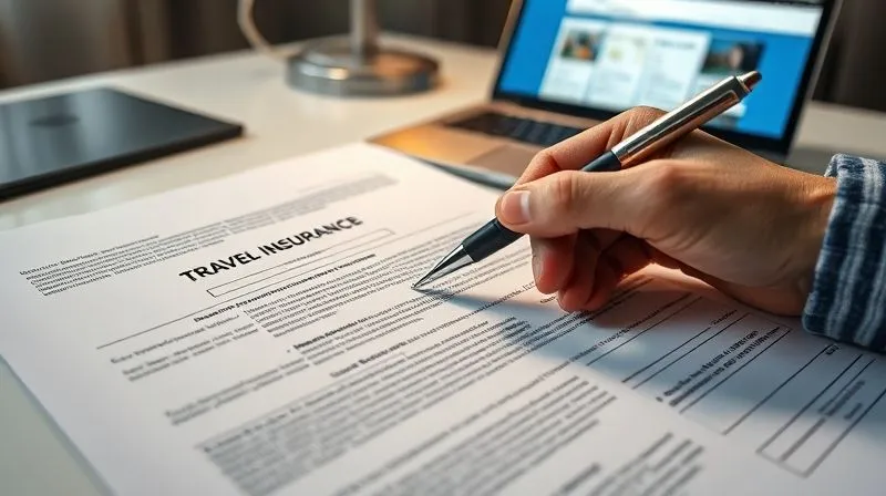 photorealistic, professional photography, 8K, cinematic lighting, sharp focus, depth of field, shot on a high-end DSLR, a person's hand highlighting a specific paragraph on a travel insurance policy document with a pen, focusing on the 'Exclusions' or 'Endorsements' section. The document is spread open on a desk with a laptop displaying a comparison website in the background, symbolizing careful review and policy comparison. The lighting is bright and crisp, emphasizing attention to detail.