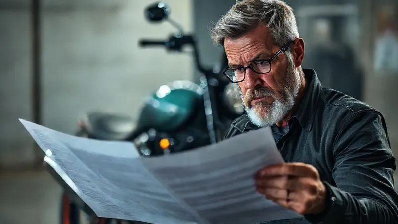 A photorealistic image of a frustrated motorcycle owner reviewing an insurance document, with a blurred custom motorcycle in the background, dimly lit to suggest disappointment. Professional photography, 8K, cinematic lighting, sharp focus on the owner's face and the document, depth of field, shot on a high-end DSLR.