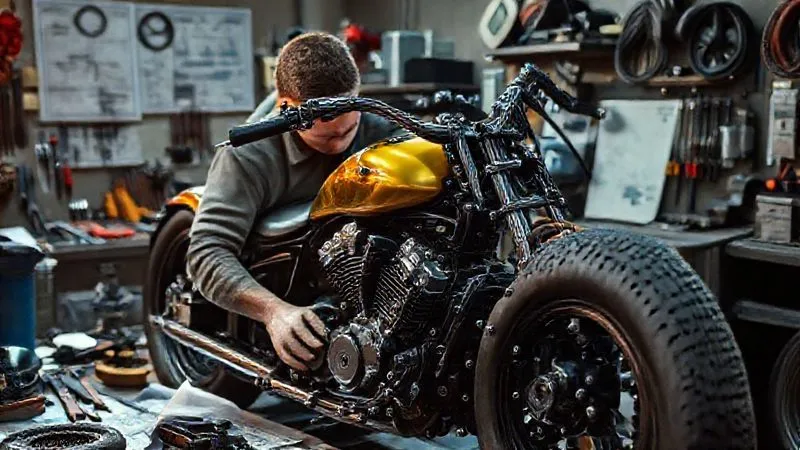 A photorealistic image of a skilled mechanic meticulously working on a custom motorcycle engine, surrounded by specialized tools and blueprints. The scene is well-lit, highlighting the craftsmanship and precision, with a sense of dedication and expertise. 8K, cinematic lighting, sharp focus, depth of field, shot on a high-end DSLR.
