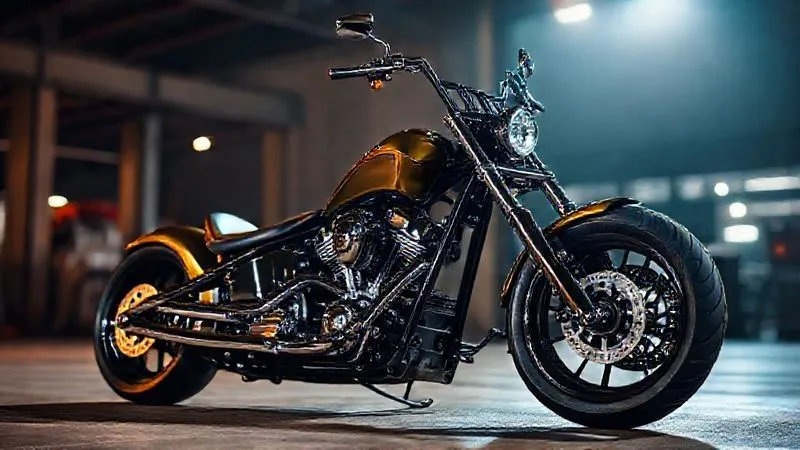 A photorealistic, professional photography, 8K, cinematic lighting, sharp focus on a custom chopper motorcycle, gleaming under warm light, with a sense of pride and accomplishment. The bike should be detailed, showing intricate custom parts, depth of field, shot on a high-end DSLR.