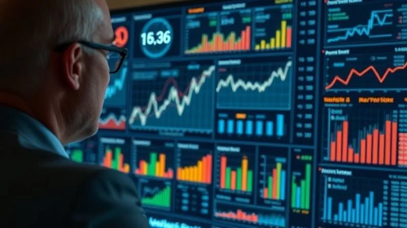 A photorealistic image of a complex data dashboard with various charts and graphs, some indicating upward spikes, being analyzed by a focused business professional. Cinematic lighting, sharp focus on the screen, depth of field. 8K, professional photography.