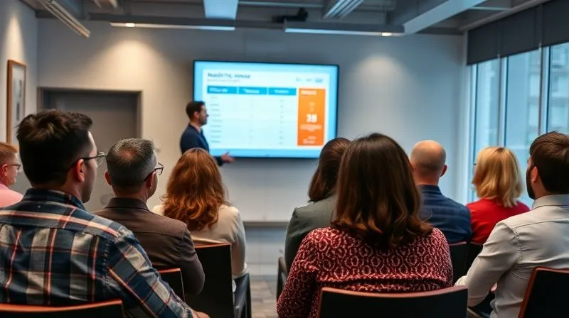 A photorealistic image of a diverse group of employees engaged in a health and wellness workshop, with a presenter using a screen displaying healthcare cost comparison data. Professional photography, sharp focus on the group, depth of field, 8K, cinematic lighting.