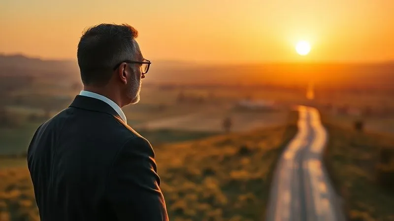 A photorealistic image of a business leader looking out over a calm, strategically planned landscape with a clear path ahead, symbolizing successful navigation of complex challenges. The sun rises in the distance, casting a warm glow. 8K, cinematic lighting, sharp focus on the leader, depth of field, professional photography.