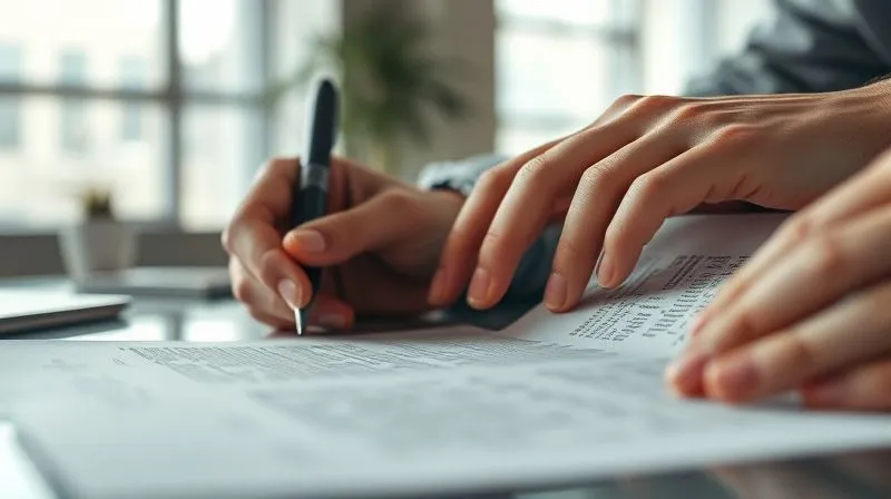 photorealistic, professional photography, 8K, cinematic lighting, sharp focus, depth of field, shot on a high-end DSLR, a close-up of hands meticulously examining fine print on a complex insurance policy document, with a blurred background of a modern office, conveying the challenge of understanding intricate details.