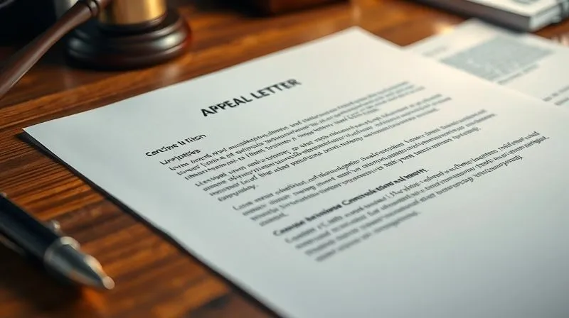 photorealistic, professional photography, 8K, cinematic lighting, sharp focus, depth of field, shot on a high-end DSLR, a close-up of a neatly typed appeal letter on a desk, with highlighted sections and attached supporting documents, conveying precision and thoroughness in legal communication.