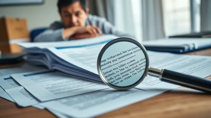 photorealistic, professional photography, 8K, cinematic lighting, sharp focus, depth of field, shot on a high-end DSLR, a stack of diverse pet insurance policy documents and veterinary records spread across a desk, with a magnifying glass highlighting fine print, conveying the complexity of understanding insurance policies, a subtle worried expression on an out-of-focus person in the background, symbolizing the challenge.