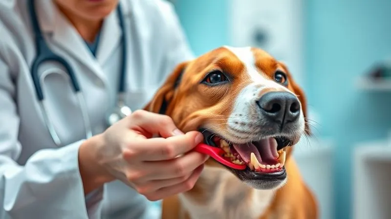 photorealistic, professional photography, 8K, cinematic lighting, sharp focus, depth of field, shot on a high-end DSLR, a gentle veterinarian carefully examining a dog's teeth and gums during a routine check-up, the dog is calm and cooperative, bright, clean clinic environment, emphasizing preventative care and early detection of dental issues, a sense of trust and care.