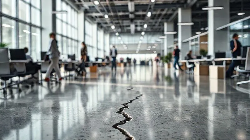 A photorealistic, professional photography, 8K, cinematic lighting, sharp focus, depth of field, shot on a high-end DSLR of a large, modern office space bustling with activity, but with a subtle, almost invisible crack running through the floor, symbolizing overlooked risks amidst rapid expansion.