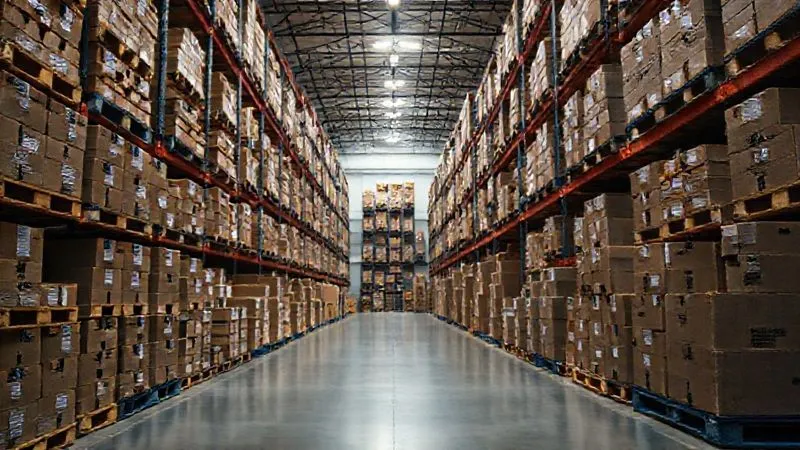 A photorealistic, professional photography, 8K, cinematic lighting, sharp focus, depth of field, shot on a high-end DSLR of a modern, well-organized warehouse filled with neatly stacked boxes and pallets, bathed in warm, cinematic light, emphasizing the value of the inventory. A single, illuminated path leads through the center.
