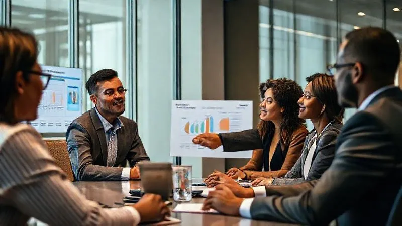 A photorealistic, professional photography, 8K, cinematic lighting, sharp focus, depth of field, shot on a high-end DSLR of a diverse business team in a modern conference room, actively engaged in a strategic discussion with a professional, empathetic insurance advisor. The advisor is pointing to a digital presentation showing a risk assessment chart, with the team members looking confident and informed.