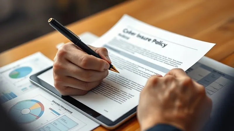 photorealistic, professional photography, 8K, cinematic lighting, sharp focus, depth of field, shot on a high-end DSLR, a person's hands carefully reviewing a complex cyber insurance policy document, highlighting key clauses with a pen, surrounded by digital security diagrams on a tablet. The scene conveys diligence and detailed analysis.
