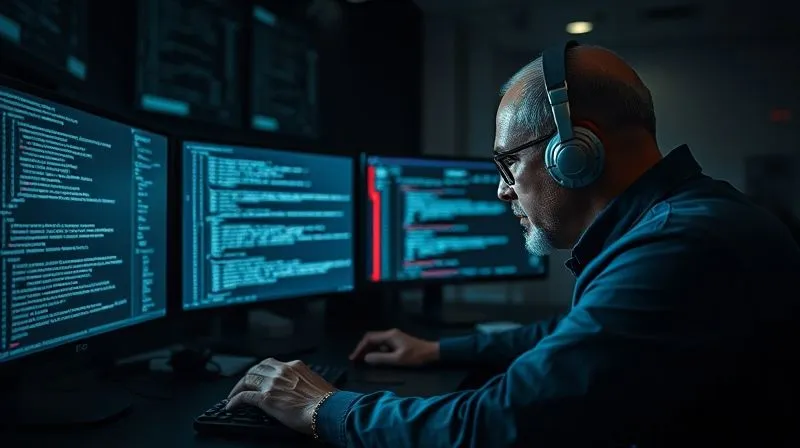 photorealistic, professional photography, 8K, cinematic lighting, sharp focus, depth of field, shot on a high-end DSLR, a cybersecurity expert meticulously examining lines of code and network traffic on multiple monitors in a dimly lit, high-tech control room, reflecting intense focus and deep analytical work. The scene conveys complex forensic investigation.