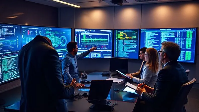photorealistic, professional photography, 8K, cinematic lighting, sharp focus, depth of field, shot on a high-end DSLR. A diverse team of cybersecurity experts and legal professionals in a modern, high-tech incident response war room, intensely focused on multiple screens displaying network diagrams and data logs. One person points at a large monitor with a timeline, while another takes notes. The atmosphere is urgent but controlled, emphasizing collaboration and expertise.