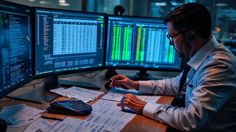 photorealistic, professional photography, 8K, cinematic lighting, sharp focus, depth of field, shot on a high-end DSLR. A forensic accountant meticulously analyzing financial spreadsheets on a large monitor, with a calculator, scattered invoices, and a detailed incident timeline laid out on a desk. The background is slightly blurred with digital data streams, conveying the intersection of finance and cyber recovery. The mood is one of focused determination and precision.