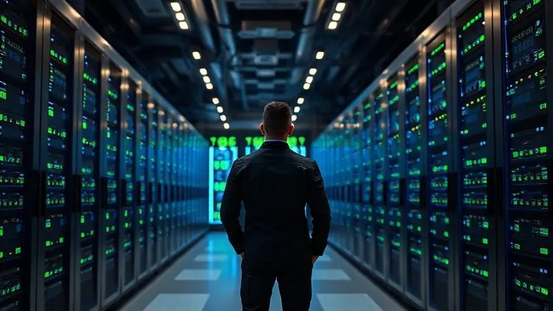 photorealistic, professional photography, 8K, cinematic lighting, sharp focus, depth of field, shot on a high-end DSLR. A modern, secure data center with rows of servers glowing with blue and green lights, symbolizing robust cybersecurity. A lone cybersecurity professional is standing in the foreground, looking confidently at the complex infrastructure, representing proactive defense and resilience. The image conveys advanced technology and strategic protection.