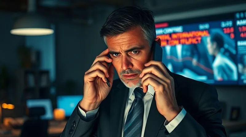 Photorealistic image of a distressed investor, wearing a suit, urgently speaking on a phone in a dimly lit, chaotic office, with blurred news headlines about international conflict on a screen in the background, 8K, cinematic lighting, sharp focus on the investor's worried expression, depth of field, shot on a high-end DSLR.