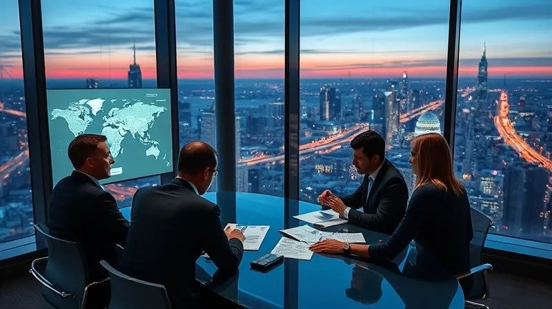 Photorealistic image of a diverse team of international lawyers in a modern, high-rise conference room, intensely reviewing legal documents and maps projected onto a glass wall, with a cityscape visible through the window at dusk, 8K, cinematic lighting, sharp focus on the team's collaborative discussion, depth of field, shot on a high-end DSLR.
