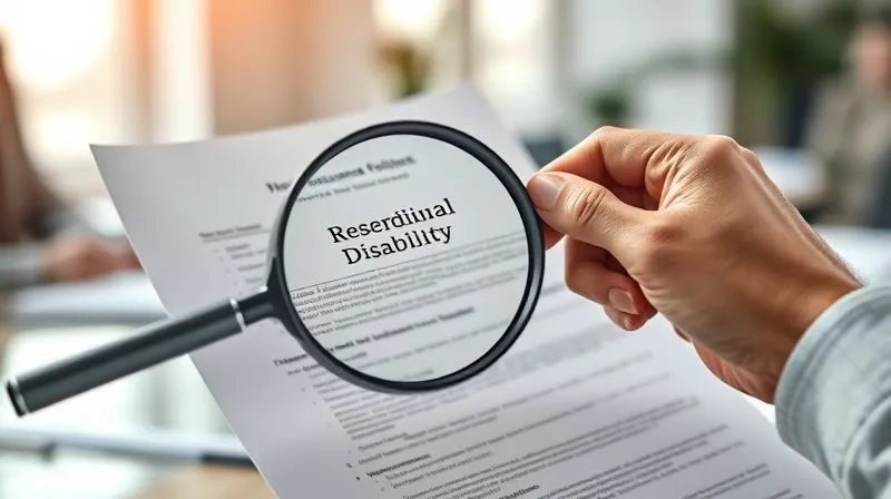 A photorealistic image of a person's hand holding a magnifying glass over a complex insurance policy document, highlighting the 'Residual Disability' section. The background is a softly blurred office setting, suggesting detailed analysis. Cinematic lighting, sharp focus on the document, depth of field. 8K, professional photography.
