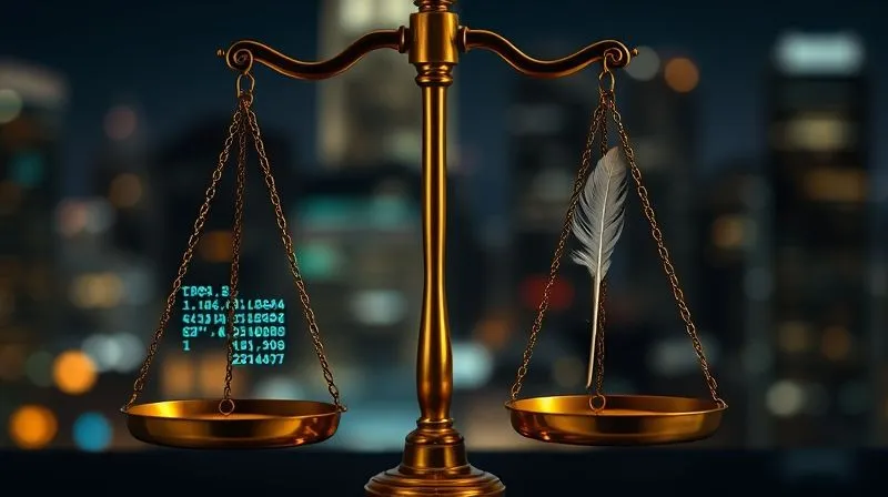 A photorealistic image of a legal scales of justice with one side heavily weighted by digital data streams and glowing code, while the other side holds a single, delicate feather representing personal privacy. The background is a blurred cityscape at night, symbolizing the vastness of digital media. Professional photography, 8K, cinematic lighting, sharp focus on the scales, depth of field blurring the background, shot on a high-end DSLR.