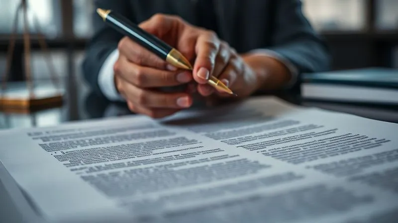 A photorealistic image of a legal document or brief with sections highlighted and annotated, showing intricate legal arguments being constructed. A hand with a pen hovers over it, suggesting careful deliberation. The background is a softly lit, modern law office, conveying professionalism and intellectual rigor. Professional photography, 8K, cinematic lighting, sharp focus on the document, depth of field blurring the background, shot on a high-end DSLR.