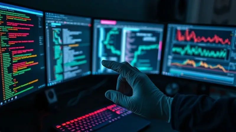 A photorealistic image of a forensic analyst's desk with multiple computer screens displaying complex data visualizations, code, and timelines. A gloved hand points to a crucial data point on one screen, highlighting meticulous digital investigation. The scene is dark and focused, emphasizing precision. Professional photography, 8K, cinematic lighting, sharp focus on the screens and hand, depth of field blurring the background, shot on a high-end DSLR.