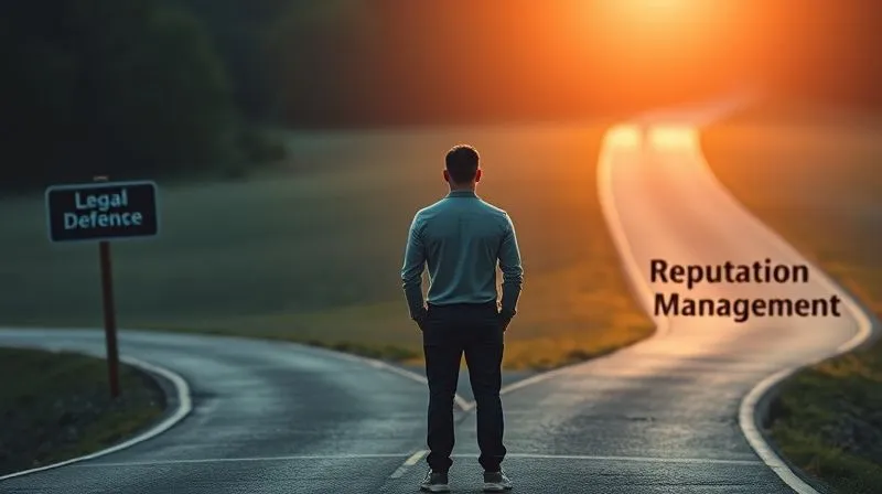 A photorealistic image of a person standing at a crossroads, looking at two paths: one labeled 'Legal Defense' and the other 'Reputation Management'. The 'Reputation Management' path is illuminated by a soft, warm light, suggesting rebuilding and positive future. The scene is metaphorical for strategic decision-making post-crisis. Professional photography, 8K, cinematic lighting, sharp focus on the person and paths, depth of field blurring the distant background, shot on a high-end DSLR.