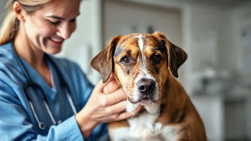 A photorealistic image of a veterinarian gently examining an older dog during a wellness check-up, with a caring expression, soft natural lighting, sharp focus on the interaction, depth of field blurring the clinic background, professional photography, 8K hyper-detailed.