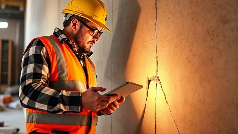 Photorealistic, professional photography, 8K, cinematic lighting, sharp focus, depth of field, shot on a high-end DSLR. A construction site manager meticulously documenting a subtle crack in a finished wall with a tablet and measuring tape, surrounded by blueprints and safety gear. The light highlights the detail of the defect and the focused intensity of the manager's work. Emotional resonance: diligence, attention to detail, proactive problem-solving.
