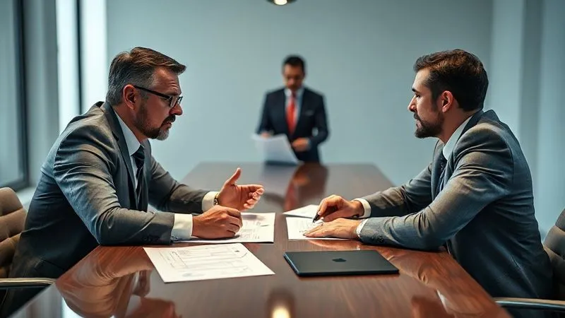 Photorealistic, professional photography, 8K, cinematic lighting, sharp focus, depth of field, shot on a high-end DSLR. Two business professionals, one a contractor and one representing an insurance firm, engaged in an intense but professional negotiation across a modern conference table. They are surrounded by legal documents, with a third, neutral party (mediator) subtly guiding the discussion. The mood is focused and strategic, conveying the importance of skilled negotiation in resolving disputes.