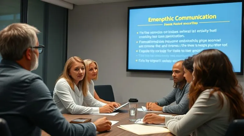 A photorealistic, professional photography, 8K, cinematic lighting, sharp focus, depth of field, shot on a high-end DSLR of a diverse group of insurance claims professionals engaged in a training session, actively participating in a role-playing exercise on empathetic communication, with a mentor guiding them. A large screen in the background displays key communication tips. A photorealistic, professional photography, 8K, cinematic lighting, sharp focus, depth of field, shot on a high-end DSLR of a diverse group of insurance claims professionals engaged in a training session, actively participating in a role-playing exercise on empathetic communication, with a mentor guiding them. A large screen in the background displays key communication tips.