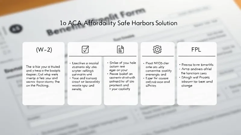 A photorealistic, professional photography, 8K, cinematic lighting, sharp focus, depth of field. An elegant, three-column infographic or flowchart visually comparing the three ACA affordability safe harbors (W-2, Rate of Pay, FPL). Each column has distinct icons and brief descriptions, with arrows indicating decision paths. The overall aesthetic is clean, modern, and trustworthy, set against a subtle, blurred background of a benefits enrollment form.