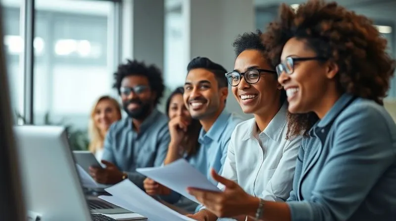 A photorealistic, professional photography, 8K, cinematic lighting, sharp focus, depth of field. A diverse group of employees in a modern office environment, smiling and engaged during a benefits enrollment presentation. The atmosphere is positive and collaborative, with a clear sense of support and transparency regarding health plans. Soft, natural light fills the room, highlighting the professional yet approachable setting.