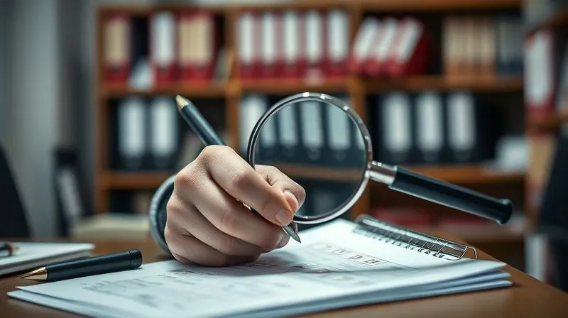 A photorealistic, professional photography, 8K, cinematic lighting, sharp focus, depth of field. A person meticulously checking off items on a compliance checklist, with a magnifying glass over a complex document. The background is slightly blurred, showing office shelves filled with binders and files, conveying a sense of organized diligence and attention to detail. The lighting is bright and focused on the task at hand.