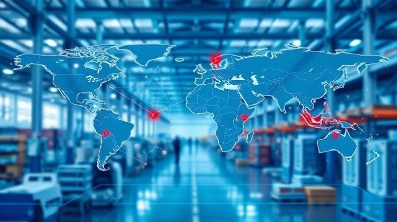 A photorealistic blueprint overlay of a complex, multi-tiered supply chain network, with certain nodes highlighted in red, indicating critical vendor points. The background is a modern industrial facility, 8K, cinematic lighting, sharp focus, depth of field.