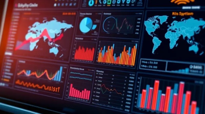 A photorealistic dashboard displaying complex data visualizations, charts, and maps, highlighting supply chain risk indicators in real-time. The interface is sleek and futuristic, 8K, cinematic lighting, sharp focus, depth of field.