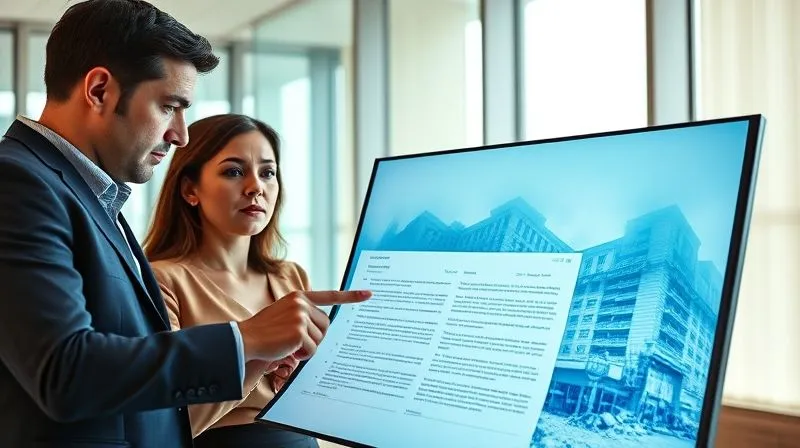 A photorealistic image of two diverse business professionals, one male and one female, meticulously reviewing a complex legal document on a large digital screen in a modern, well-lit office. They are pointing at specific clauses, their expressions serious and focused, conveying collaboration and precision. A stylized, faint blueprint overlay of a building or a disaster zone is subtly visible on the screen. Cinematic lighting, sharp focus, depth of field, 8K hyper-detailed, professional photography, shot on a high-end DSLR.