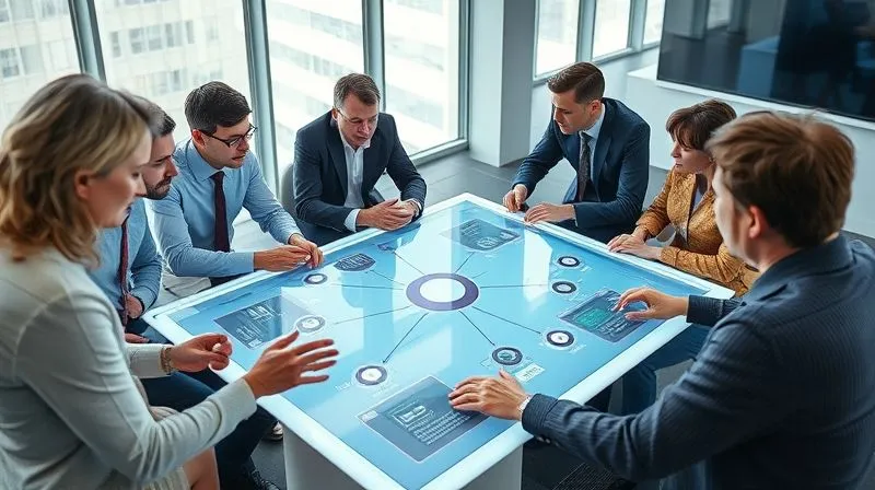 A photorealistic image of diverse insurance and reinsurance professionals engaged in an intense but collaborative discussion around a large, interactive digital table. The table displays a complex network diagram representing claims flow and data points. Their expressions are focused, and their body language suggests active problem-solving and mutual respect, with hands gesturing towards the screen. The setting is a modern, high-tech meeting room with natural light. Cinematic lighting, sharp focus on the faces and screen, depth of field, 8K hyper-detailed, professional photography, shot on a high-end DSLR.