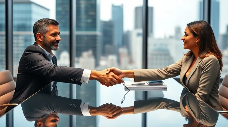 A photorealistic image of two diverse business executives, one male and one female, shaking hands firmly across a modern, glass-top conference table. Their expressions are sincere and professional, conveying mutual respect and a sense of successful partnership. The background is a blurred cityscape seen through large windows, symbolizing global reach and stability. Cinematic lighting, sharp focus on the handshake, depth of field, 8K hyper-detailed, professional photography, shot on a high-end DSLR.