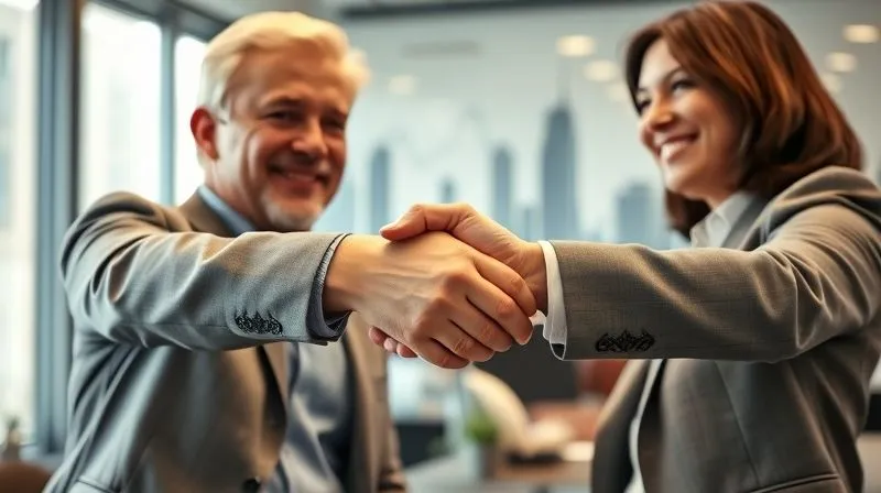 A photorealistic, professional photography shot of a trusted financial advisor shaking hands with a satisfied client, both smiling warmly. They are in a modern, well-lit office, with a subtle background showing financial charts or a city skyline. The handshake is central, conveying trust and partnership. Cinematic lighting, sharp focus on their hands and faces, depth of field blurring the background. 8K hyper-detailed.
